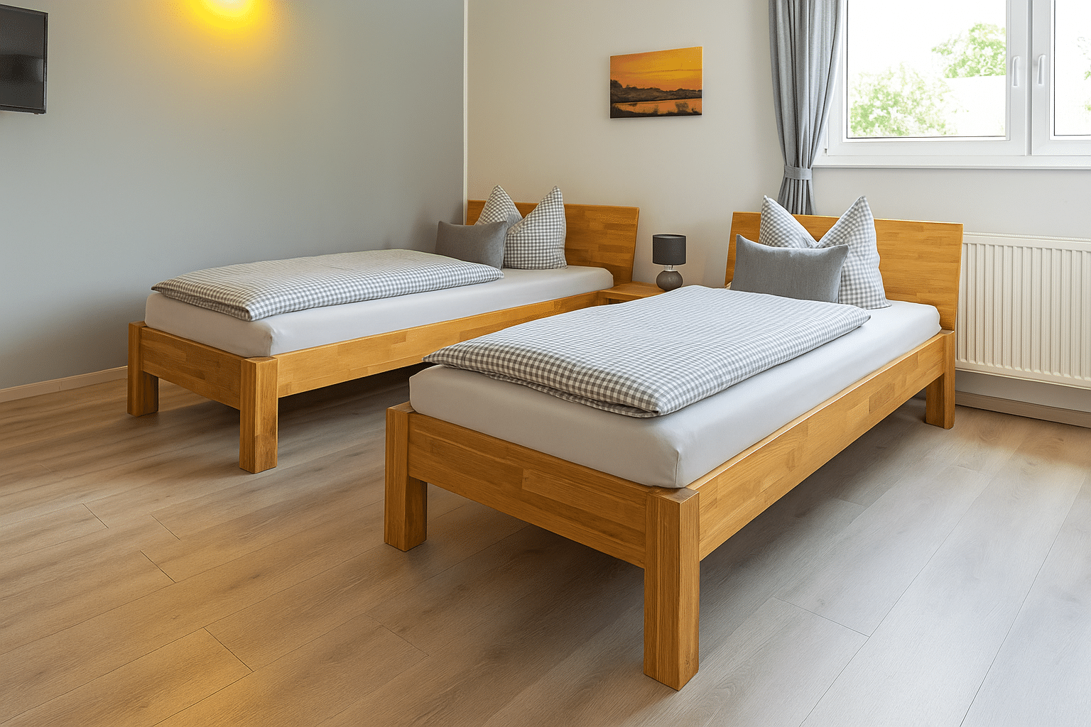 Helles Zweibettzimmer mit zwei massiven Holz-Einzelbetten, grau-karierten Bettdecken und Zierkissen, einem Nachttisch mit Lampe, einem Bild an der Wand, großem Fenster mit Vorhang und hellem Parkettboden.