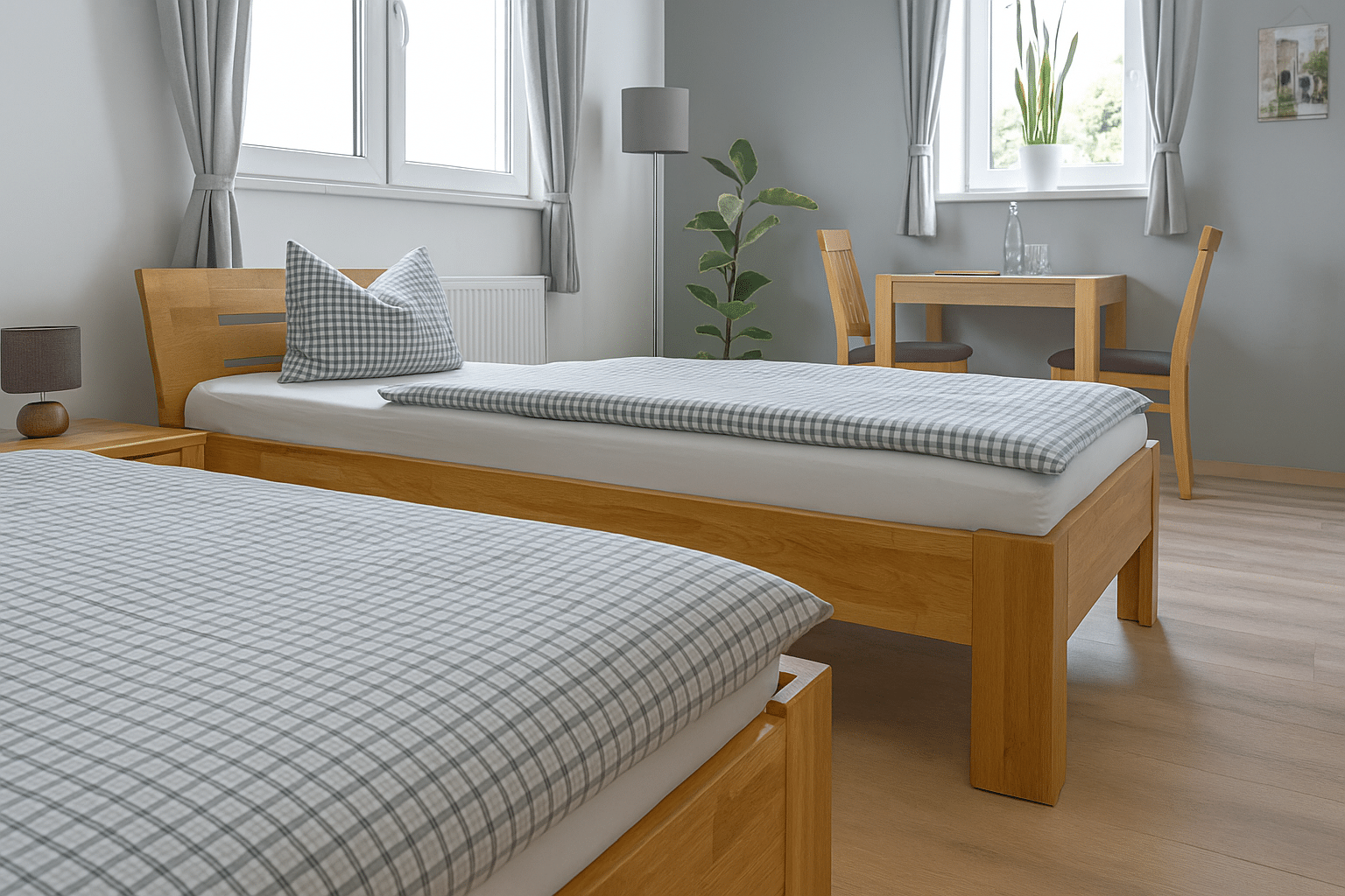 Helles, schlicht eingerichtetes Zweibettzimmer mit hellen Holzbetten und grau-karierten Bettdecken, grauen Vorhängen an zwei Fenstern, Nachtischlampe, einem kleinen Tisch mit zwei Stühlen und einer Zimmerpflanze.