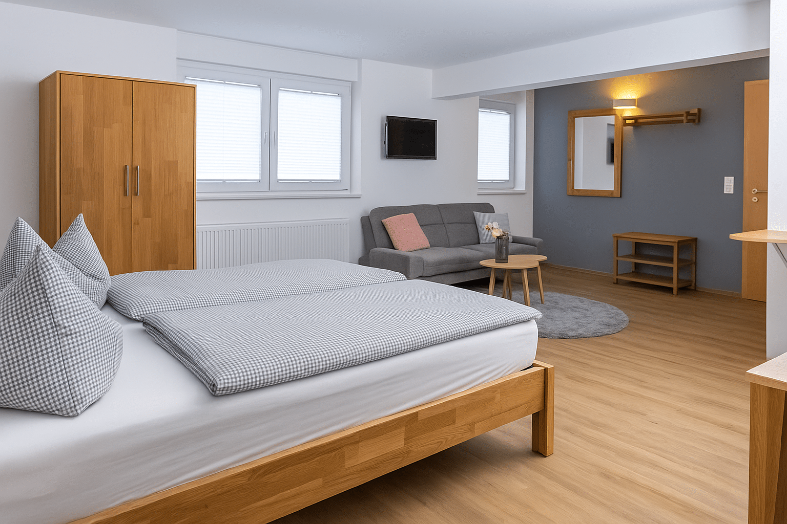 Helles, modern eingerichtetes Zimmer mit Holzbett in kariertem Bettbezug, schmalem Kleiderschrank, grauem Sofa mit Kissen, rundem Beistelltisch, Wand‑TV und einem Spiegel an einer dezenten graublauen Akzentwand.