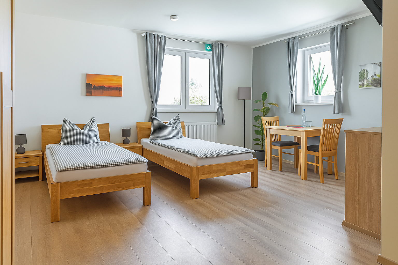 Helles, modernes Zweibettzimmer mit zwei Holzbetten und karierten grauen Bezügen, je einem Nachttisch mit Lampe, großen Fenstern mit grauen Vorhängen, kleinem Holztisch mit zwei Stühlen, Zimmerpflanze, Wandbild und hellem Holzfußboden.