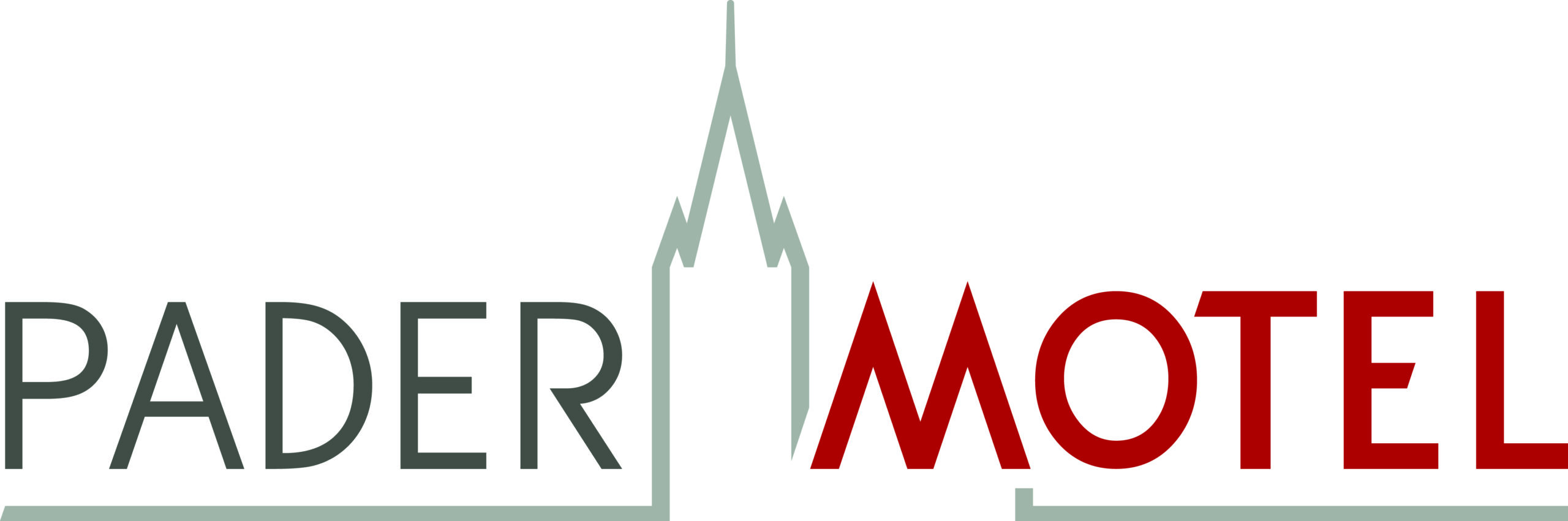 Logo mit dem Schriftzug PADER in dunklem Grau und MOTEL in Rot, verbunden durch eine stilisierte hellgrüne Kirchturmspitze und eine durchgehende Grundlinie.