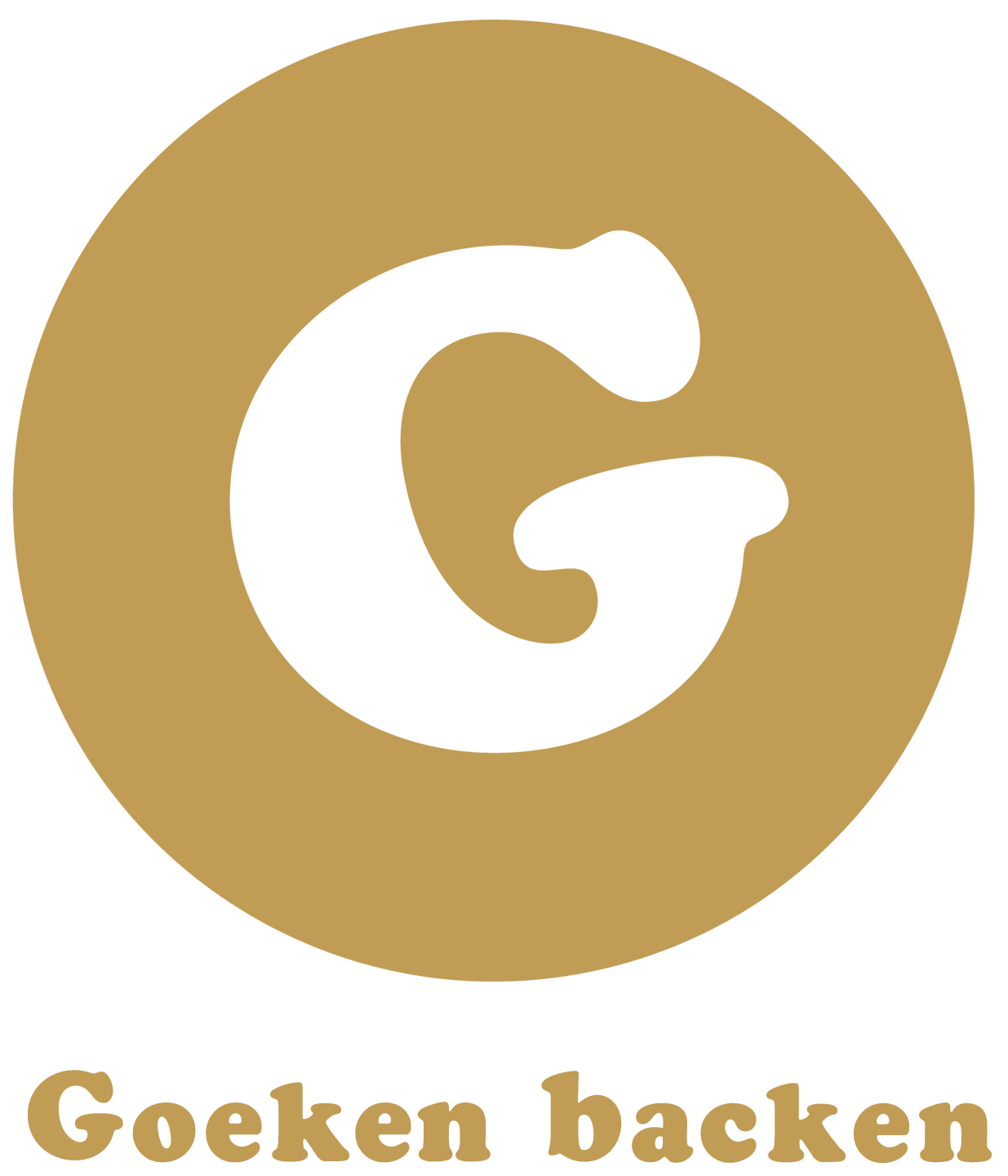 Logo auf schwarzem Hintergrund: ein goldener Kreis mit einem in Schwarz geformten, runden Großbuchstaben G in der Mitte und darunter der goldene Schriftzug Goeken backen in kräftiger, verspielter Schrift.